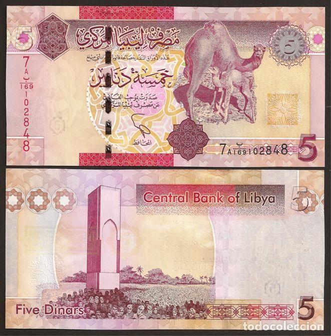 Billetes extranjeros: LIBIA (LIBYA). 5 dinars (2012). S/C. Pick 77. Firma 10. Nombre del banco en ingles en el reverso.