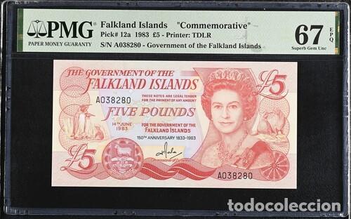 Billetes extranjeros: ISLAS MALVINAS * BILLETE 5 POUNDS 1983 * PMG-67 EPQ (IC-1563)