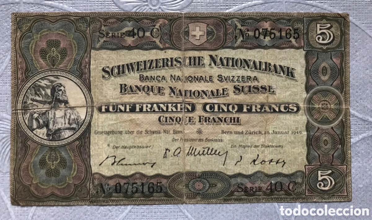 Billetes extranjeros: Billete Suiza,1.949, 5 Francos,BC