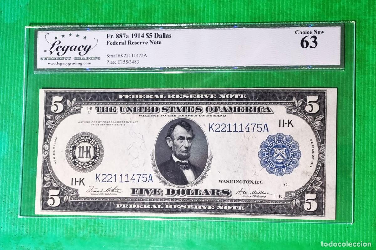 Billetes extranjeros: ESTADOS UNIDOS USA DALLAS LEGACY 63 | SOLO ACEPTO PAYPAL| BILLETE $ 5 DOLARES 1914 LEER