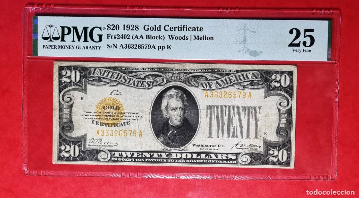 Billetes extranjeros: ESTADOS UNIDOS USA GOLD PMG 25 | SOLO ACEPTO PAYPAL| BILLETE $ 20 DOLARES 1928 LEER DESCRIPCION