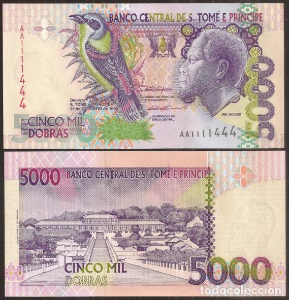Billetes extranjeros: SANTO TOME & PRINCIPE. 5000 dobras 1996. Pick 65. S/C. Serie AA. Fauna. Pajaro - ver nota.