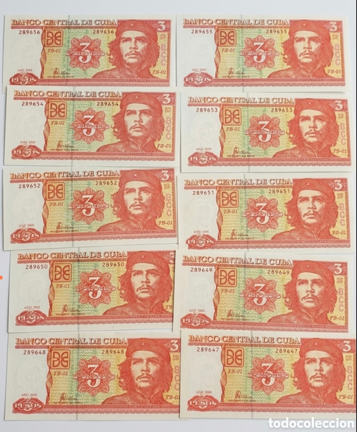 Billetes extranjeros: Lote 10 Billetes 3 Pesos Cubanos (Che Guevara) - Serie Consecutiva Completa - SC/EBC