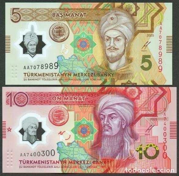 Billetes extranjeros: TURKMENISTAN. Conmemorativos 5 + 10 manat 2025. S/C. Polimero. A&ntilde;o de la Paz y la Confianza.