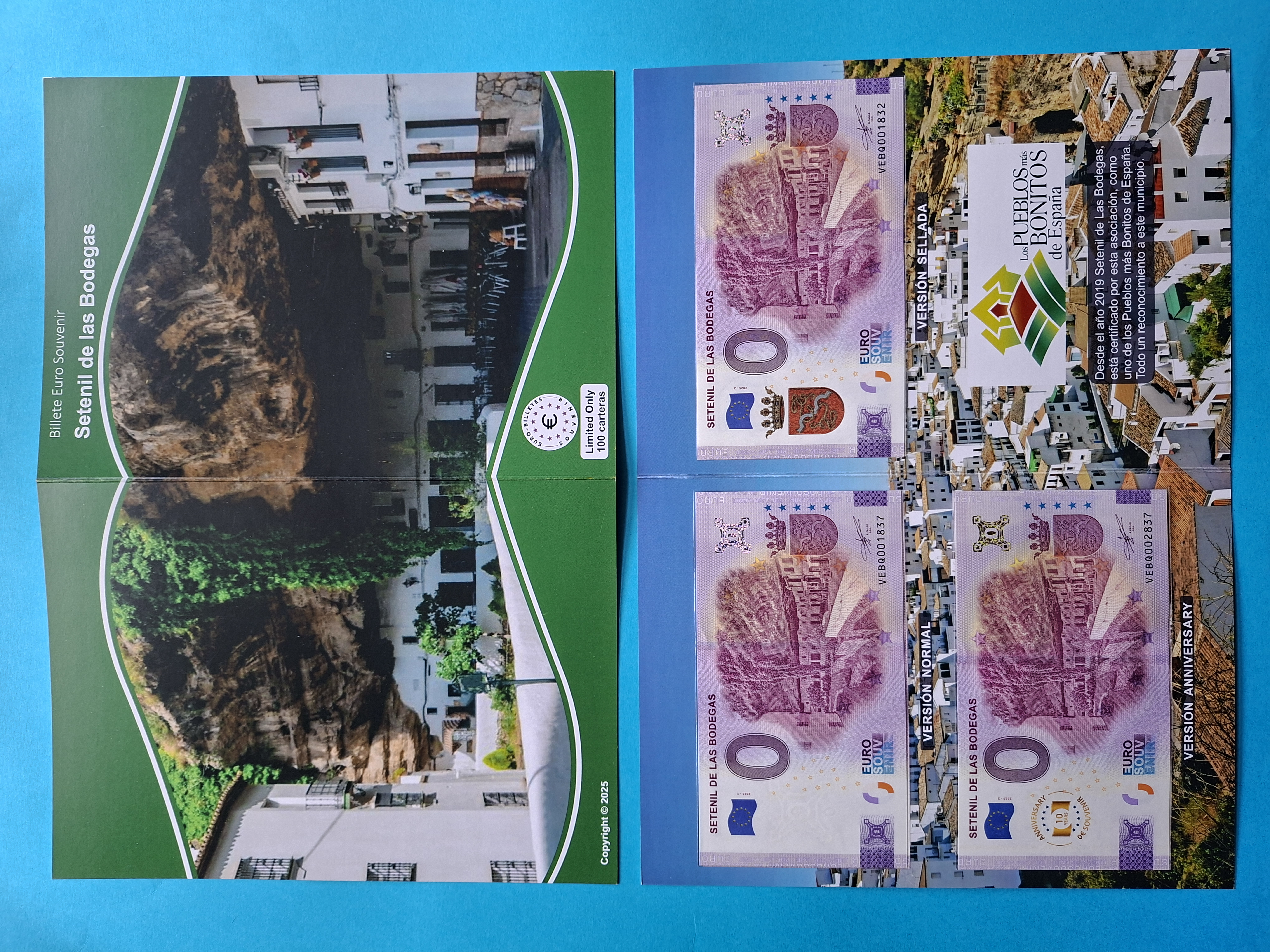 Billetes extranjeros: 3 BILLETES 0 Euro Souvenir CL&Aacute;SICO-ANIVERSARIO-SELLADO Espa&ntilde;a: VEBQ 2025-2 SETENIL DE LAS BODEGAS
