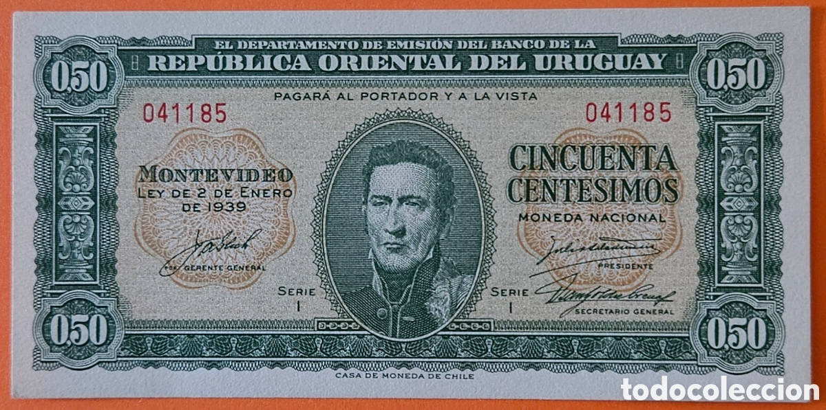 Billetes extranjeros: URUGUAY, 50 CENT&Eacute;SIMOS, 1939.