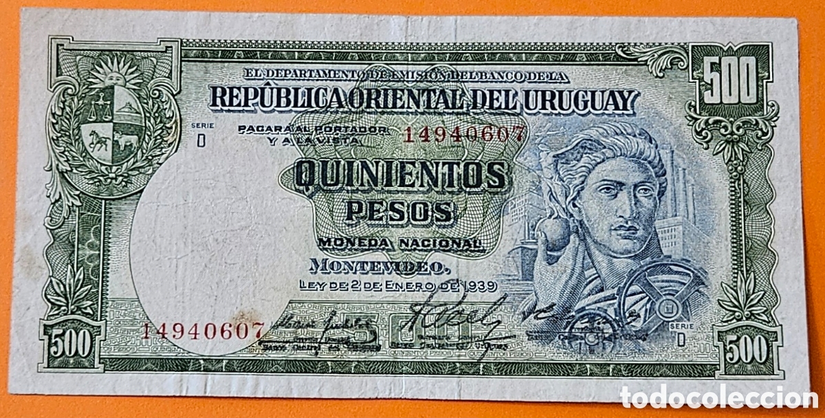 Billetes extranjeros: URUGUAY, 500 PESOS, 1939.