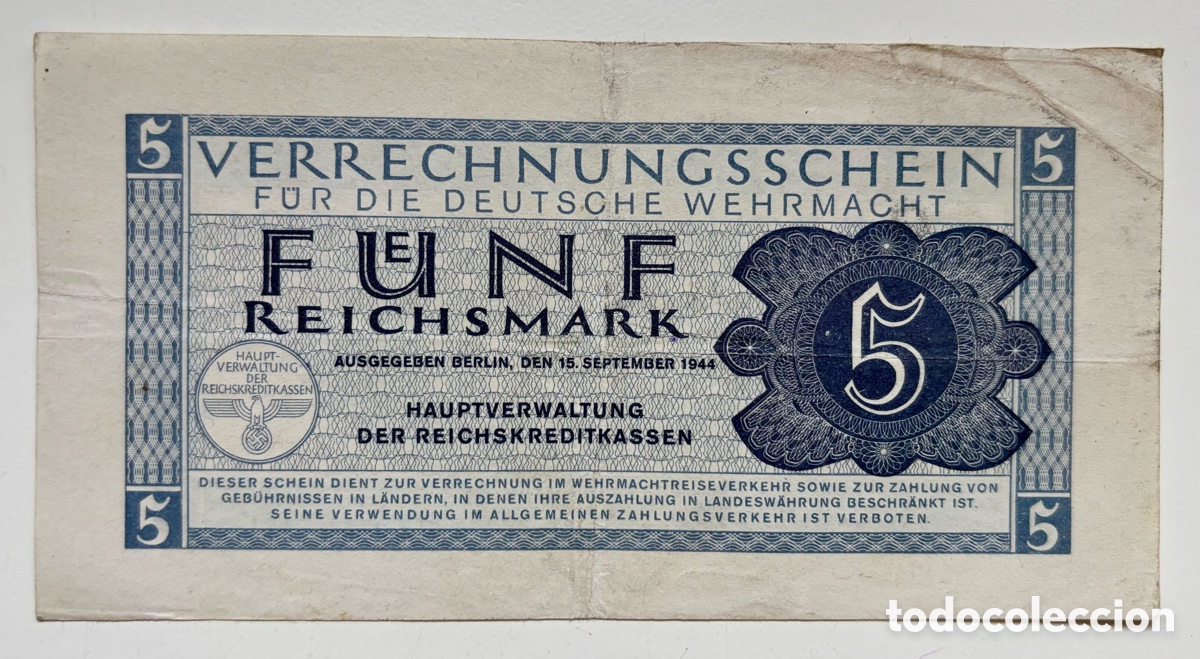 Billetes extranjeros: Billete ALEMANIA NAZI 5 Marcos 1944. FUERZAS ARMADAS. ReichsMark