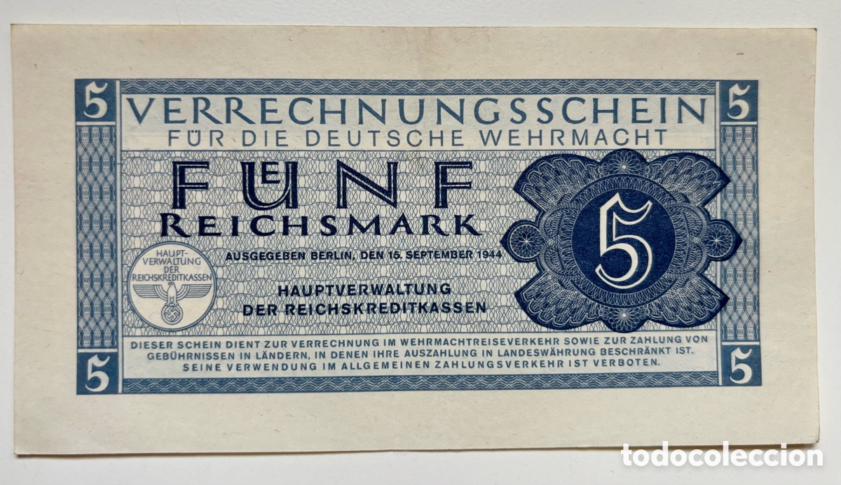 Billetes extranjeros: Billete ALEMANIA NAZI 5 Marcos 1944 . FUERZAS ARMADAS ALEMANAS. Reichsmark.