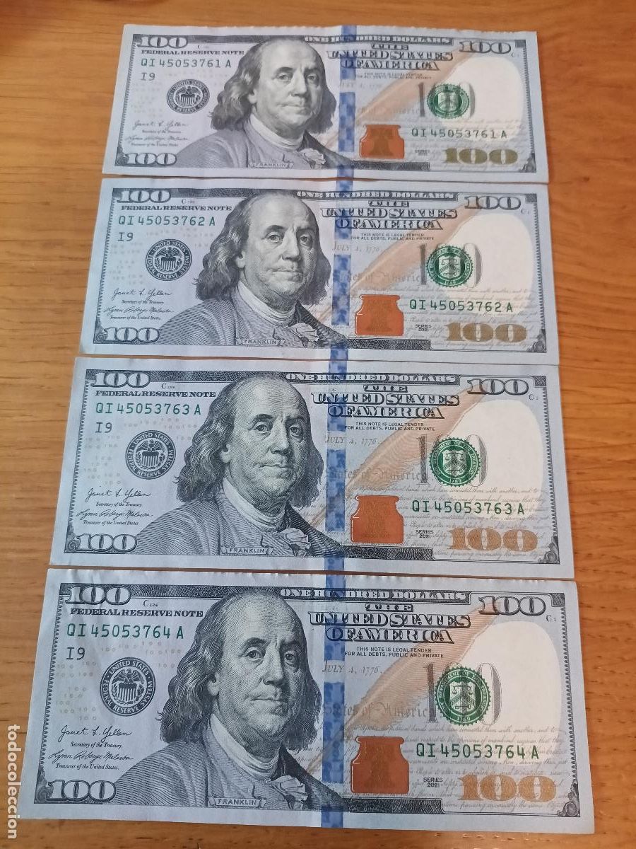 Billetes extranjeros: Estados Unidos. 4 billetes correlativos de 100 dollars de 2021 EBC