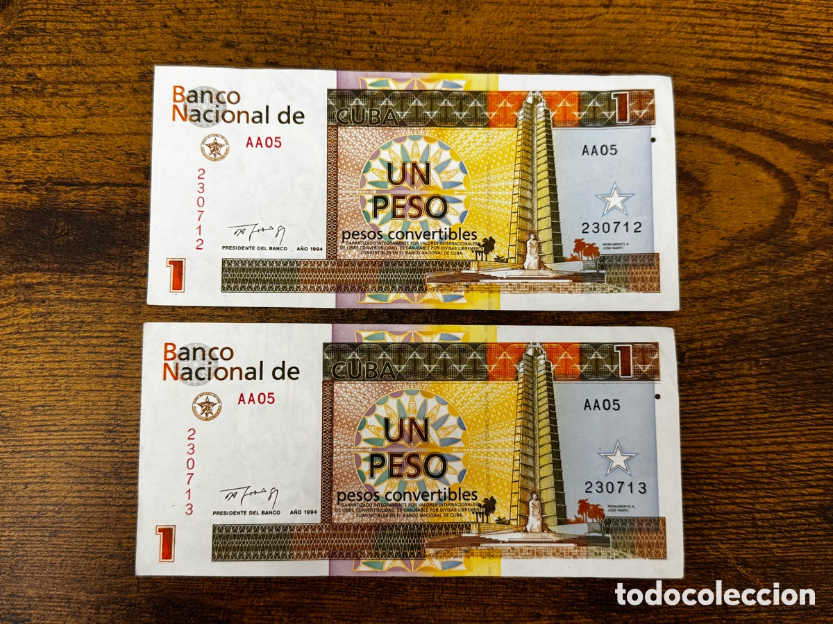 Billetes extranjeros: Lote de 2 billetes correlativos 1 peso convertible CUC 1994 Cuba. 1 er a&ntilde;o. Circulados