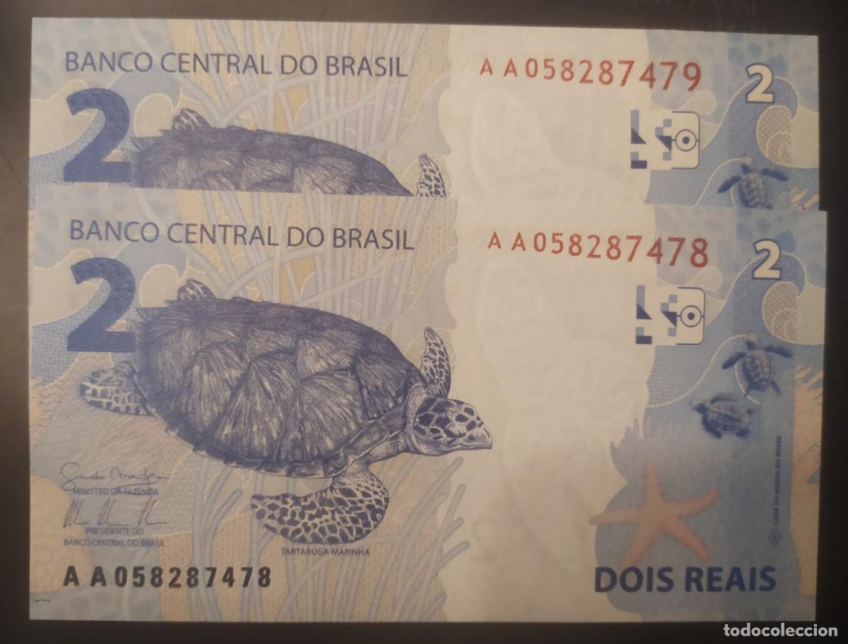 Billetes extranjeros: BRASIL: 2. Reais 2010. (Pareja consecutiva.serie AA058287478/79) SC.UNC. PK. # 252 a