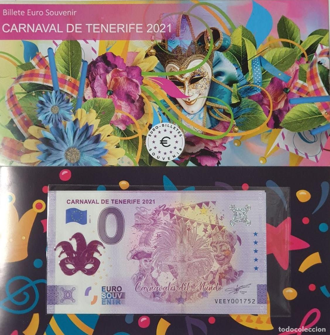 Billetes extranjeros: BILLETE 0 Euro Souvenir SELLADO M&Aacute;SCARA Espa&ntilde;a: VEEY 2021-1 CARNAVAL DE TENERIFE en D&iacute;ptico