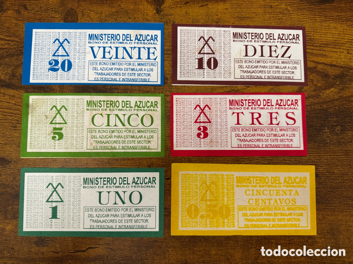 Billetes extranjeros: Lote de 6 bonos Ministerio del Azucar Cuba. Circulados. Los 6 valores, juego completo