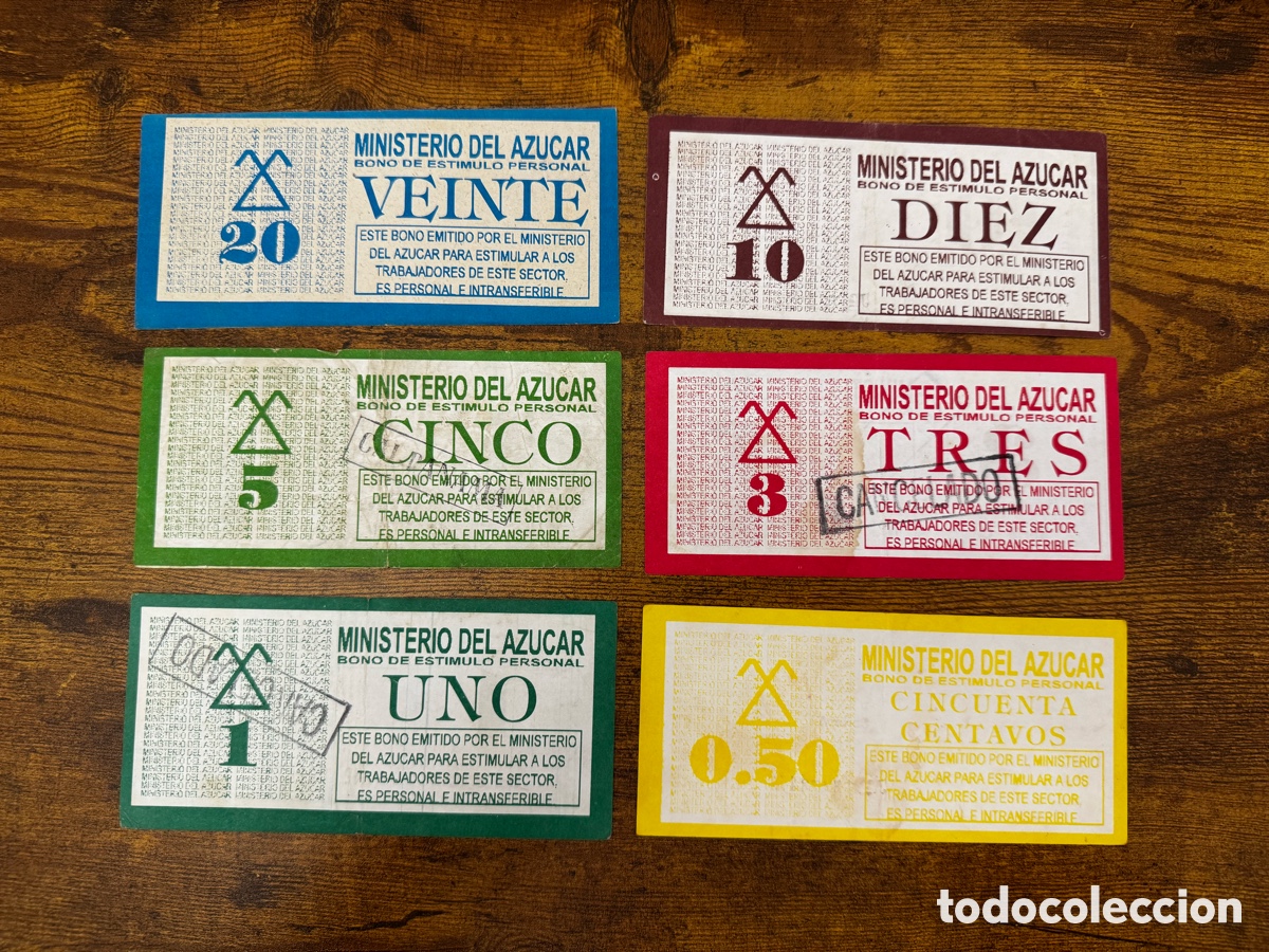 Billetes extranjeros: Lote de 6 bonos Ministerio del Azucar Cuba. Circulados. Los 6 valores, juego completo