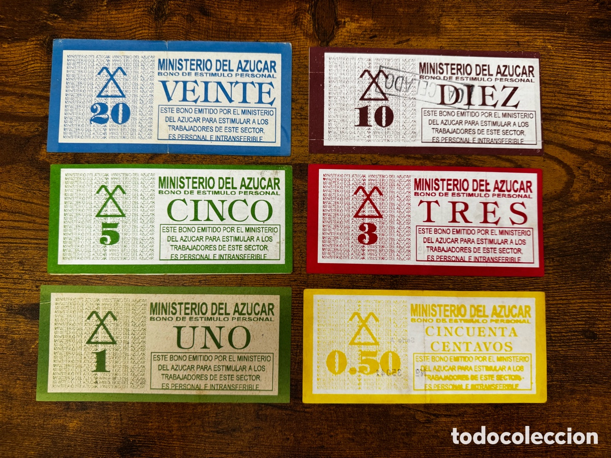 Billetes extranjeros: Lote de 6 bonos Ministerio del Azucar Cuba. Circulados. Los 6 valores, juego completo