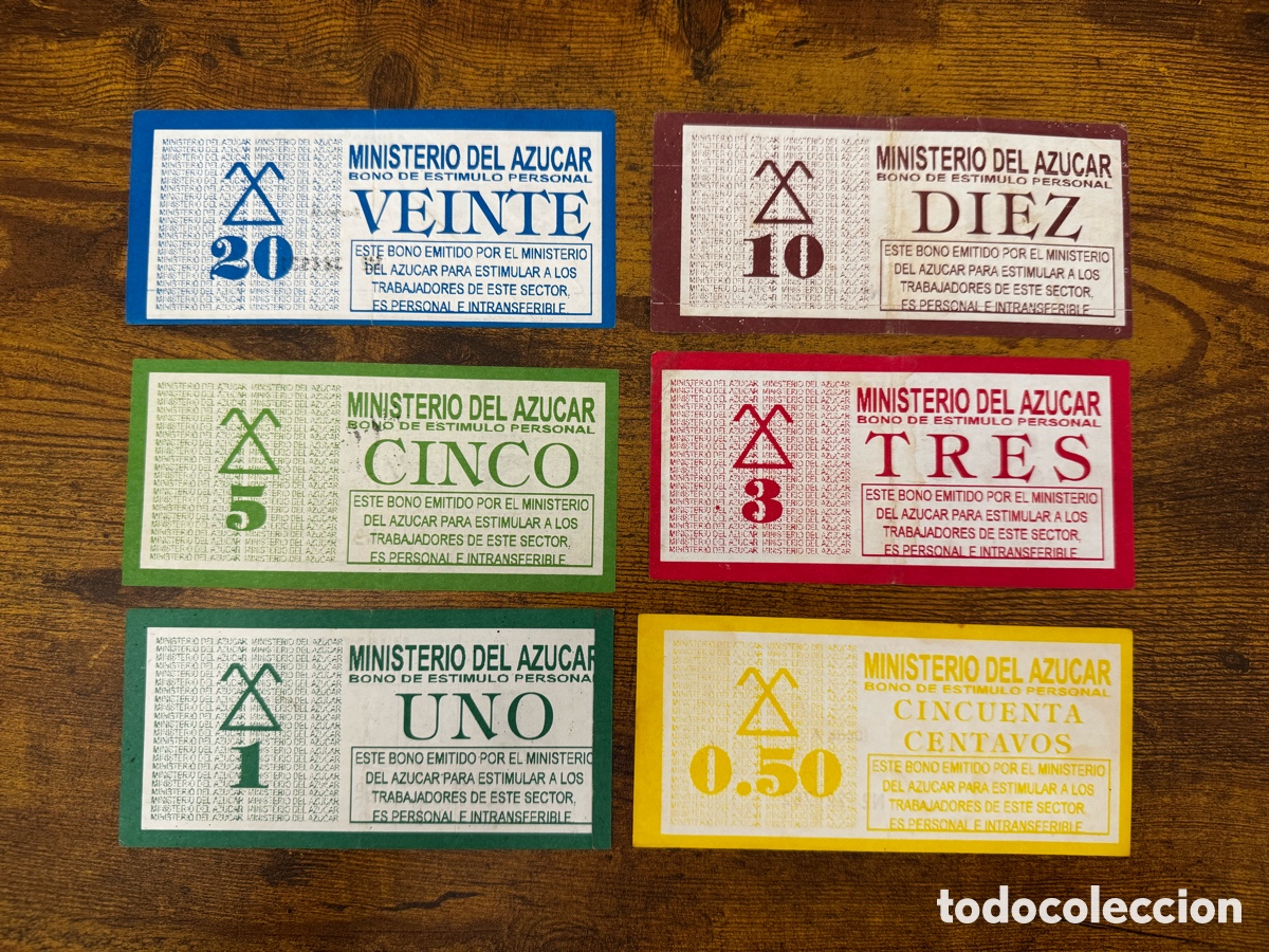 Billetes extranjeros: Lote de 6 bonos Ministerio del Azucar Cuba. Circulados. Los 6 valores, juego completo