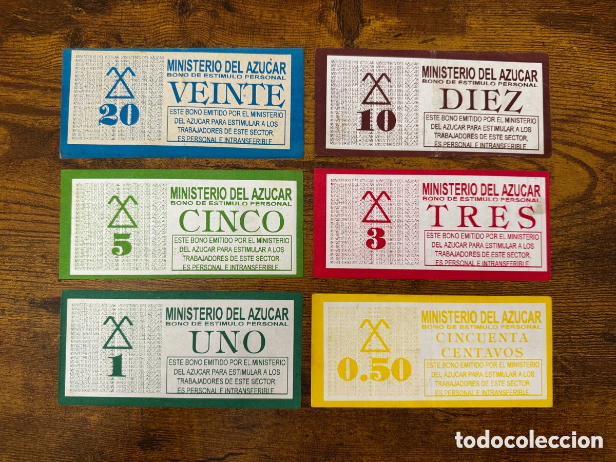 Billetes extranjeros: Lote de 6 bonos Ministerio del Azucar Cuba. Circulados. Los 6 valores, juego completo