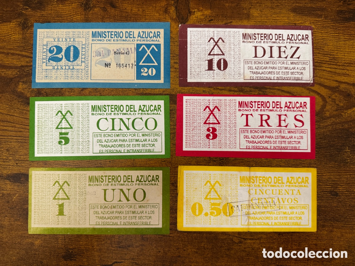 Billetes extranjeros: Lote de 6 bonos Ministerio del Azucar Cuba. Circulados. Los 6 valores, juego completo