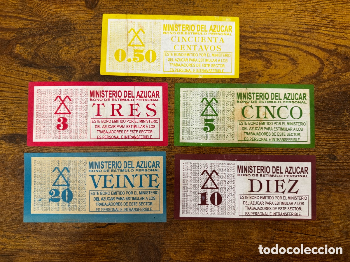 Billetes extranjeros: Lote de 5 bonos del Ministerio del Azucar. Cuba. Circulados