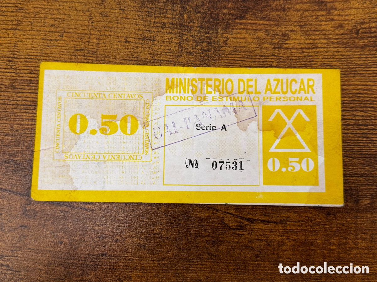 Billetes extranjeros: Bono de 50 centavos del ministerio del az&uacute;car. Cuba. Circulado