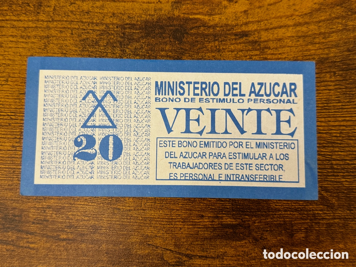 Billetes extranjeros: Bono de 20 pesos del ministerio del az&uacute;car. Cuba. Circulado
