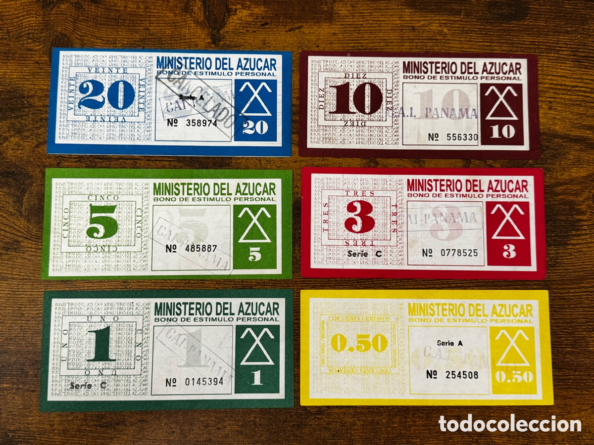 Billetes extranjeros: Lote de 6 bonos Ministerio del Azucar Cuba. Muy buena condici&oacute;n. Los 6 valores, juego completo
