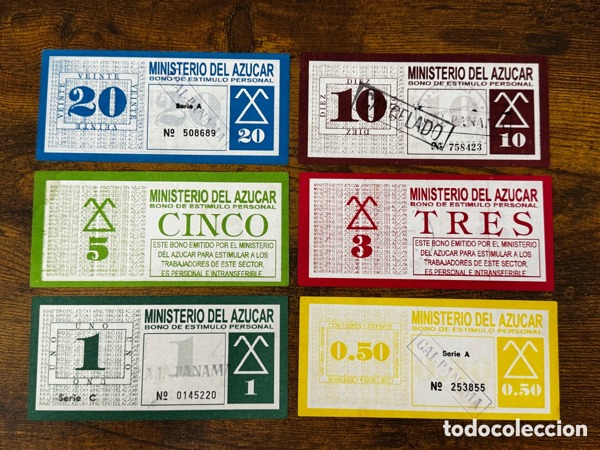 Billetes extranjeros: Lote de 6 bonos Ministerio del Azucar Cuba. Muy buena condici&oacute;n. Los 6 valores, juego completo