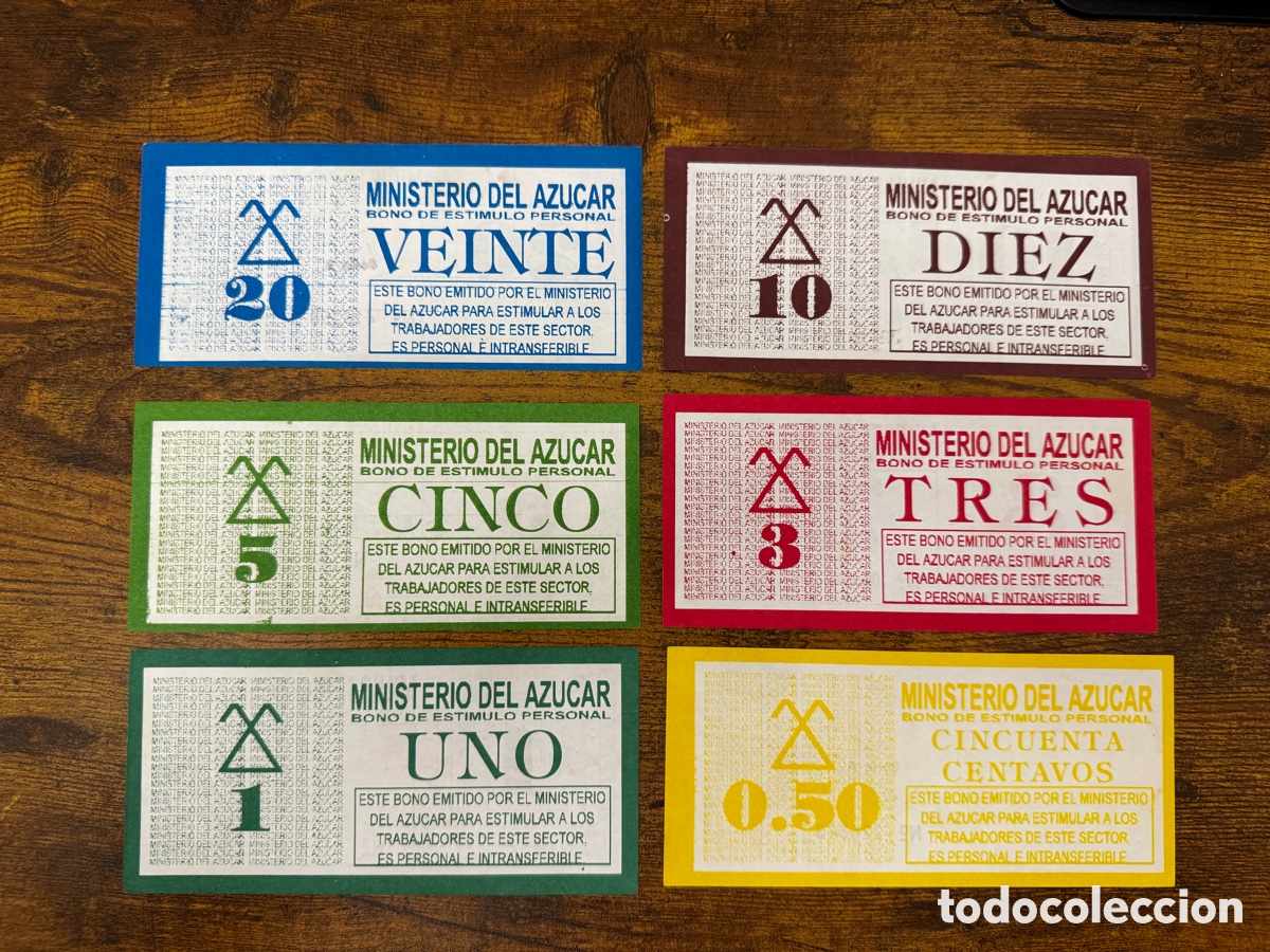 Billetes extranjeros: Lote de 6 bonos Ministerio del Azucar Cuba. Muy buena condici&oacute;n. Los 6 valores, juego completo