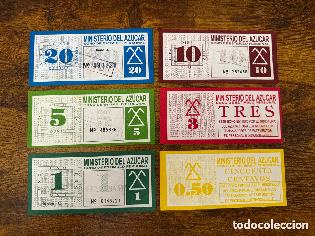 Billetes extranjeros: Lote de 6 bonos Ministerio del Azucar Cuba. Muy buena condici&oacute;n. Los 6 valores, juego completo