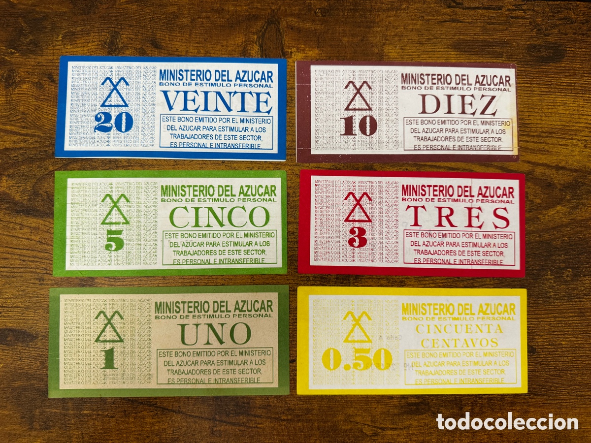 Billetes extranjeros: Lote de 6 bonos Ministerio del Azucar Cuba. Muy buena condici&oacute;n. Los 6 valores, juego completo