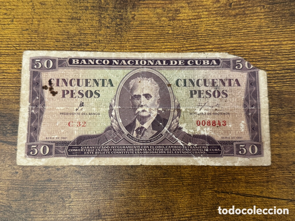 Billetes extranjeros: Billete de 50 pesos 1961 Cuba. Firma Che Guevara. Circulado en bajo grado, le falta una esquina