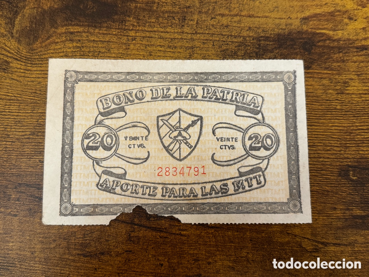 Billetes extranjeros: Bono de la Patria 20 pesos. Cuba Circulado, le falta un trozo en la parte inferior
