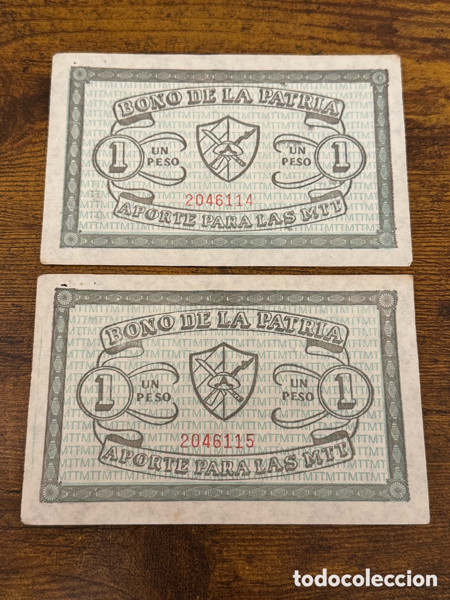 Billetes extranjeros: 2 bonos de la patria correlativos Cuba. Valor de 1 peso circulado