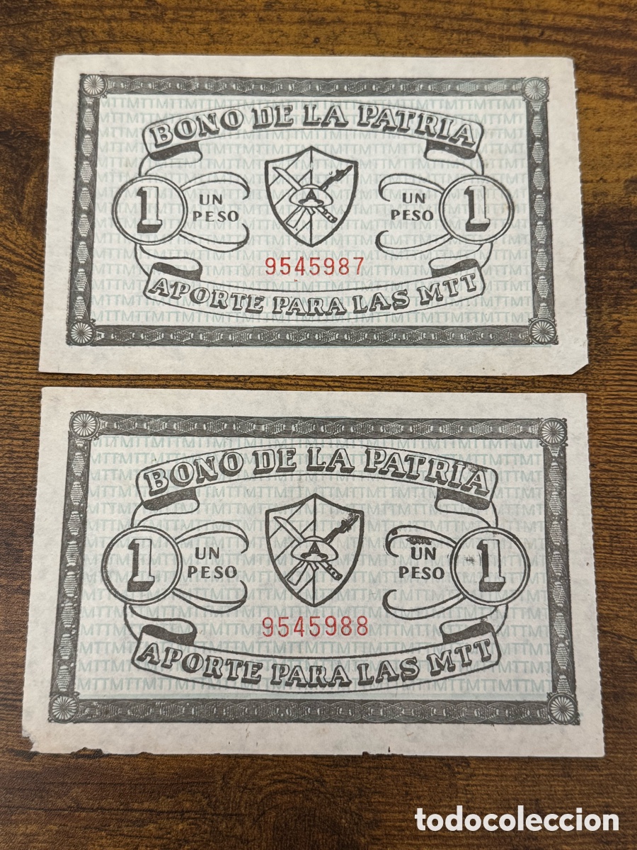 Billetes extranjeros: 2 bonos de la patria correlativos Cuba. Valor de 1 peso circulado