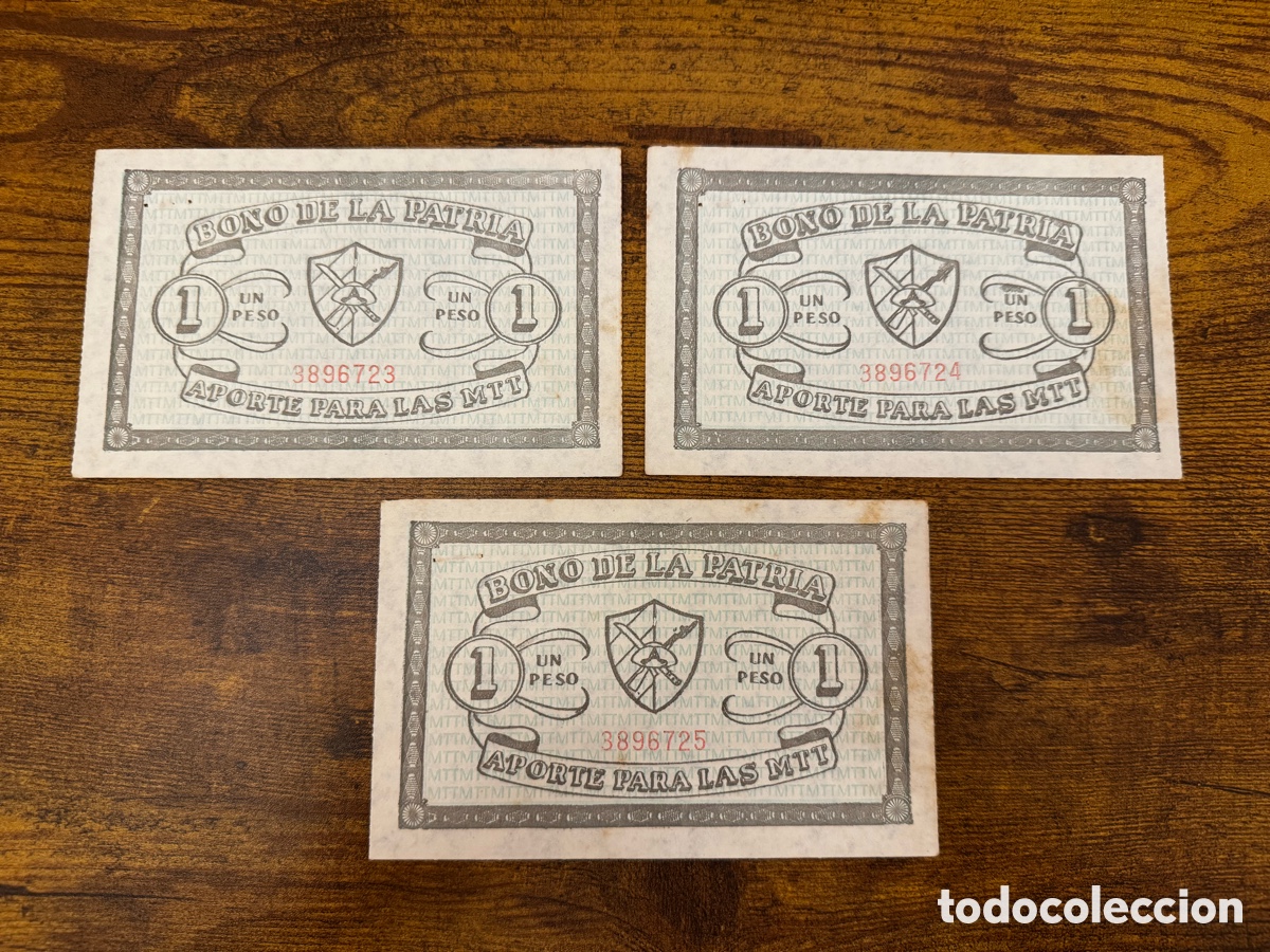 Billetes extranjeros: 3 bonos de la patria correlativos Cuba. Valor de 1 peso circulado