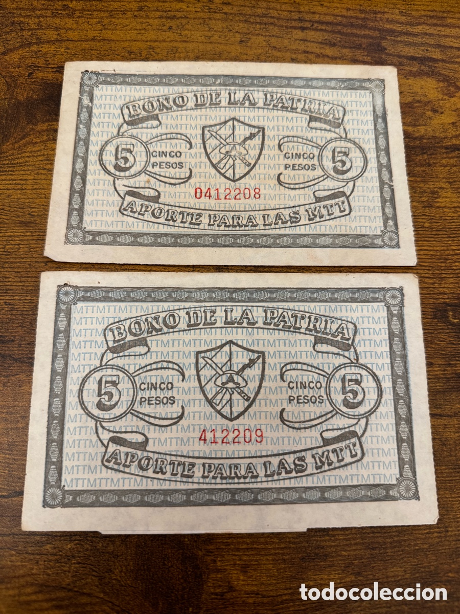 Billetes extranjeros: 2 bonos de la patria correlativos Cuba. Valor de 5 pesos circulado