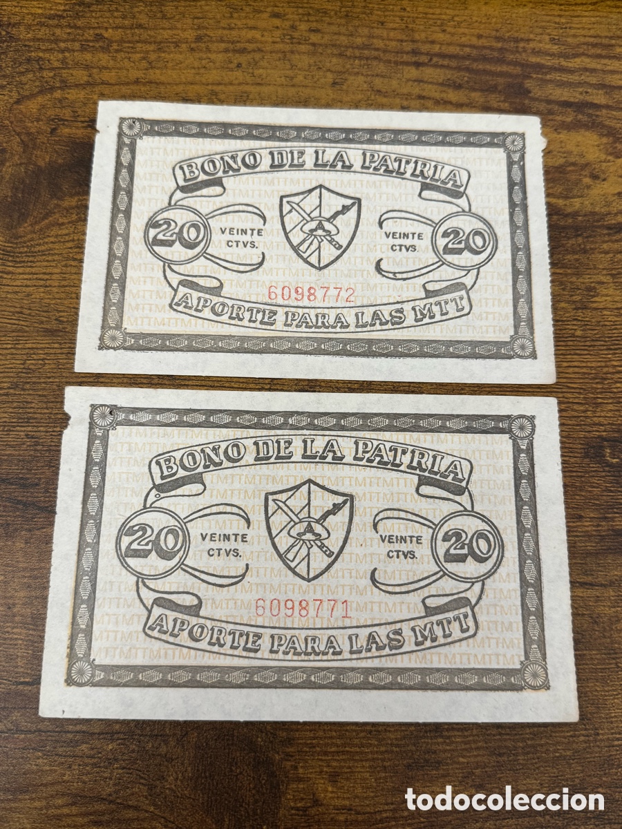 Billetes extranjeros: 2 bonos de la patria correlativos Cuba. Valor de 20 centavos circulado