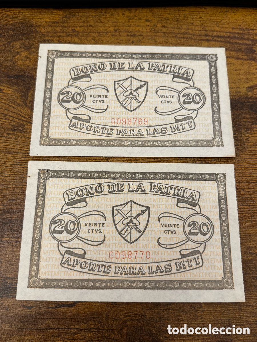 Billetes extranjeros: 2 bonos de la patria correlativos Cuba. Valor de 20 centavos circulado