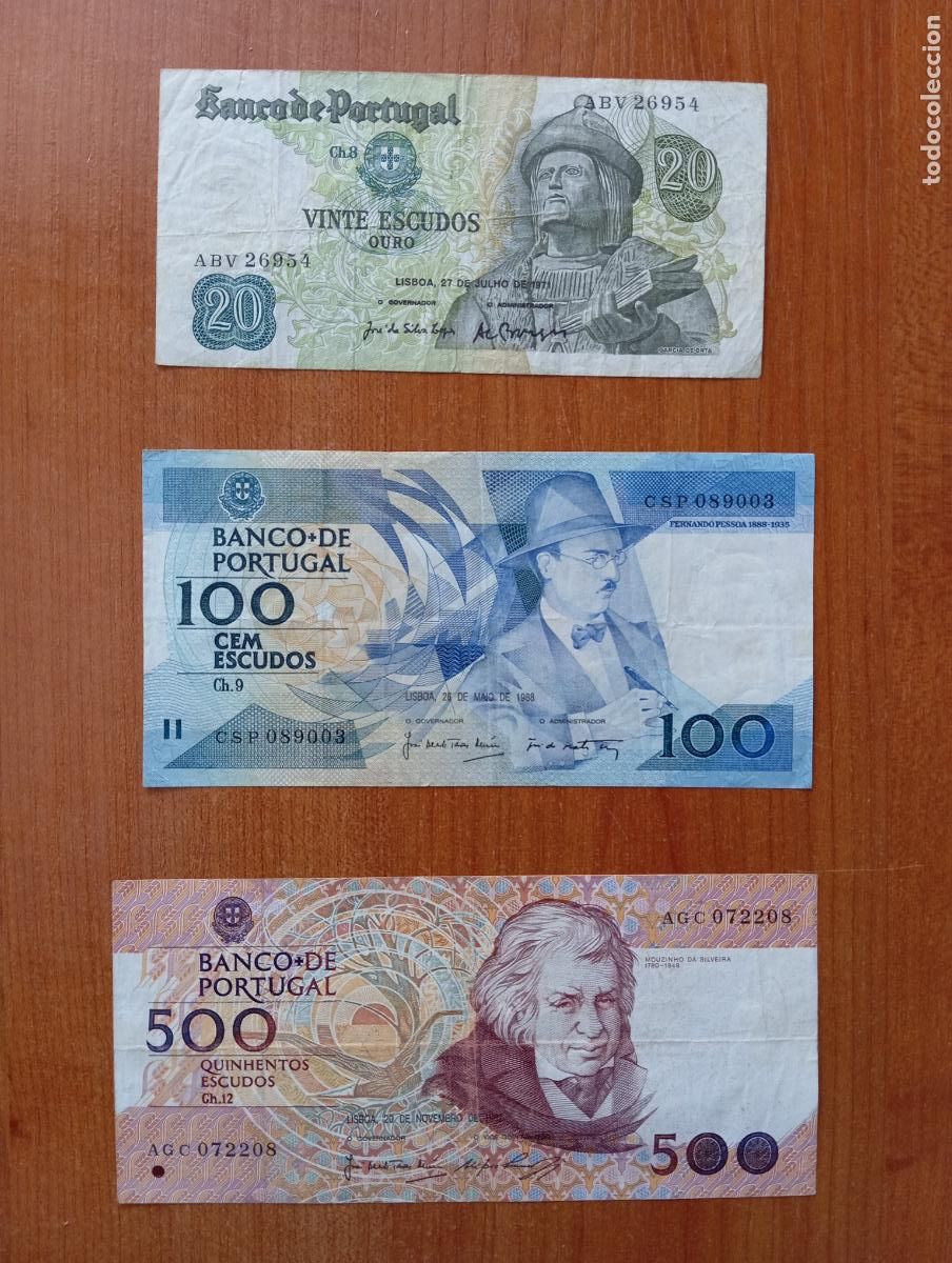 Billetes extranjeros: Billetes 20, 100 y 500 escudos. Portugal.