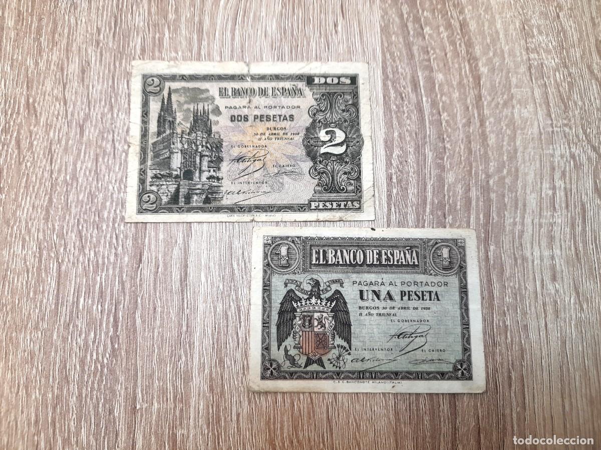 Billetes extranjeros: 2 billetes de 1 y 2 Pesetas 1938, Burgos