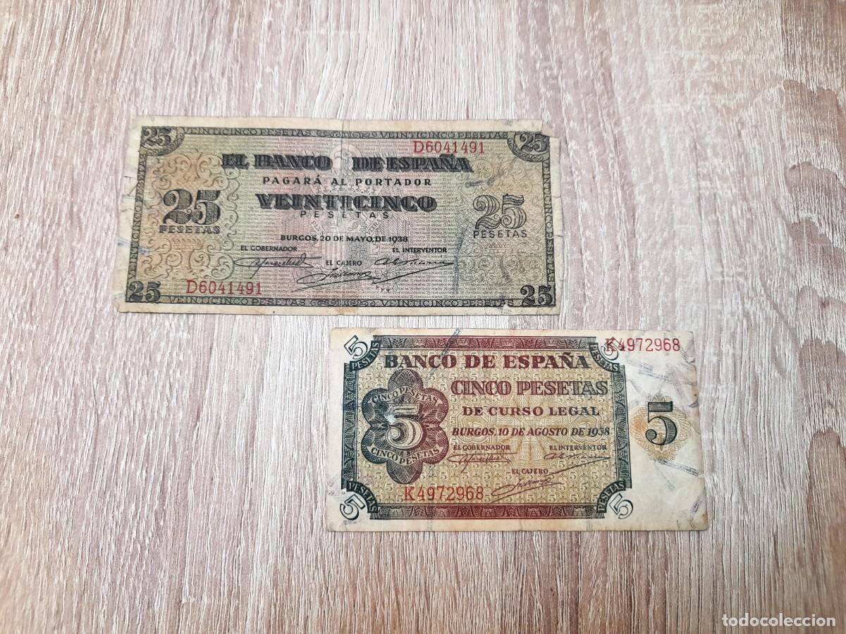 Billetes extranjeros: 2 billetes de 5 y 25 Pesetas 1938, Burgos