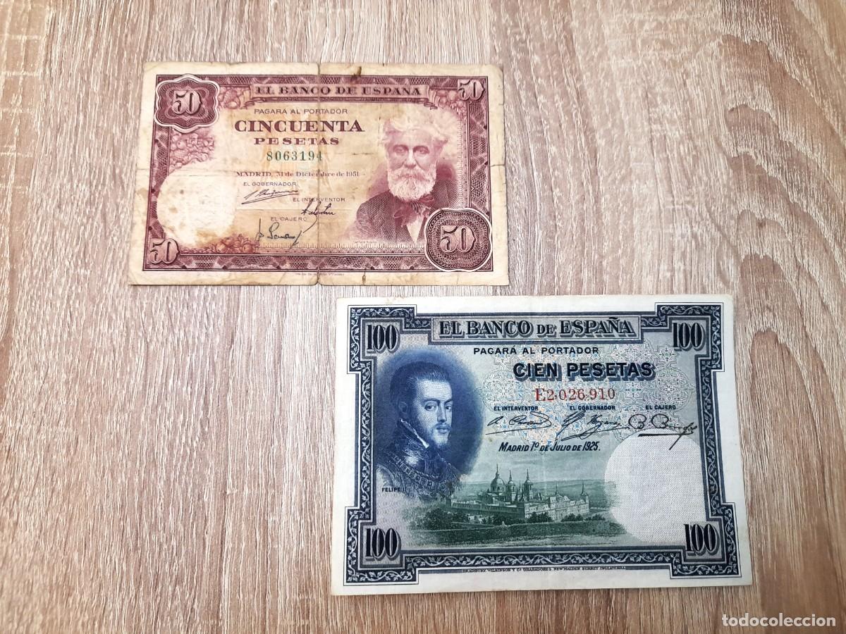 Billetes extranjeros: 2 billetes de 50 Pesetas 1951 Sin serie y 100 Pesetas 1925