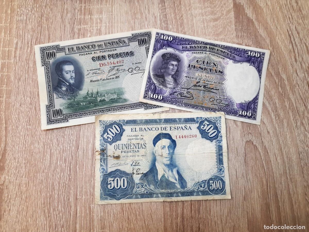 Billetes extranjeros: 3 billetes de 100 y 500 Pesetas 1925, 1931 y 1954