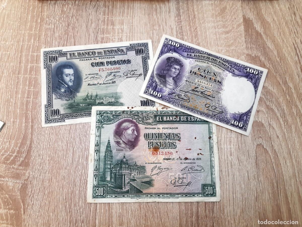 Billetes extranjeros: 3 billetes de 100 y 500 Pesetas 1925, 1931 y 1928