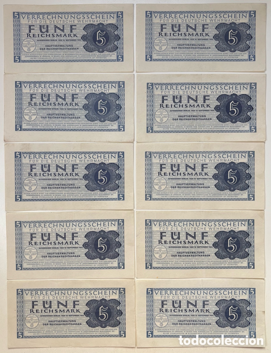 Billetes extranjeros: Lote x 10 Billetes ALEMANIA NAZI 5 Marcos 1944. MBC/SC- Fuerzas Armadas. Reichmark