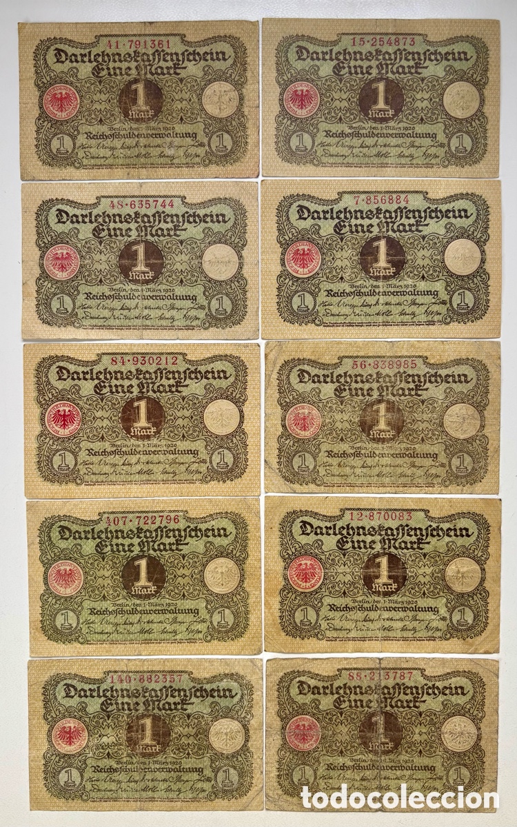Billetes extranjeros: Lote x 10 Billetes ALEMANIA 1 Marco 1920 BC/MBC. Mark