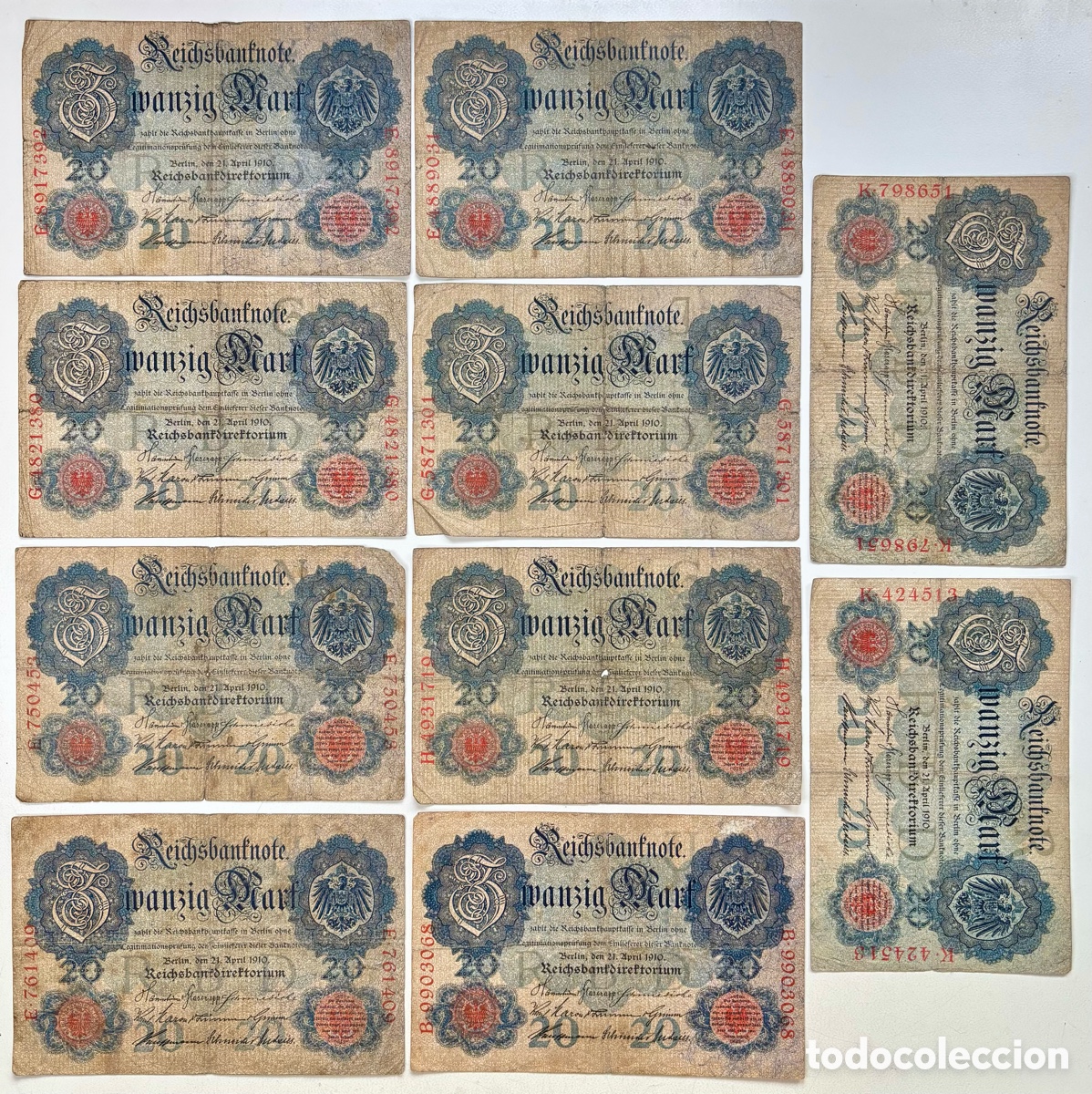 Billetes extranjeros: Lote x 10 Billetes ALEMANIA 20 Marcos 1910 BC/BC+. Mark