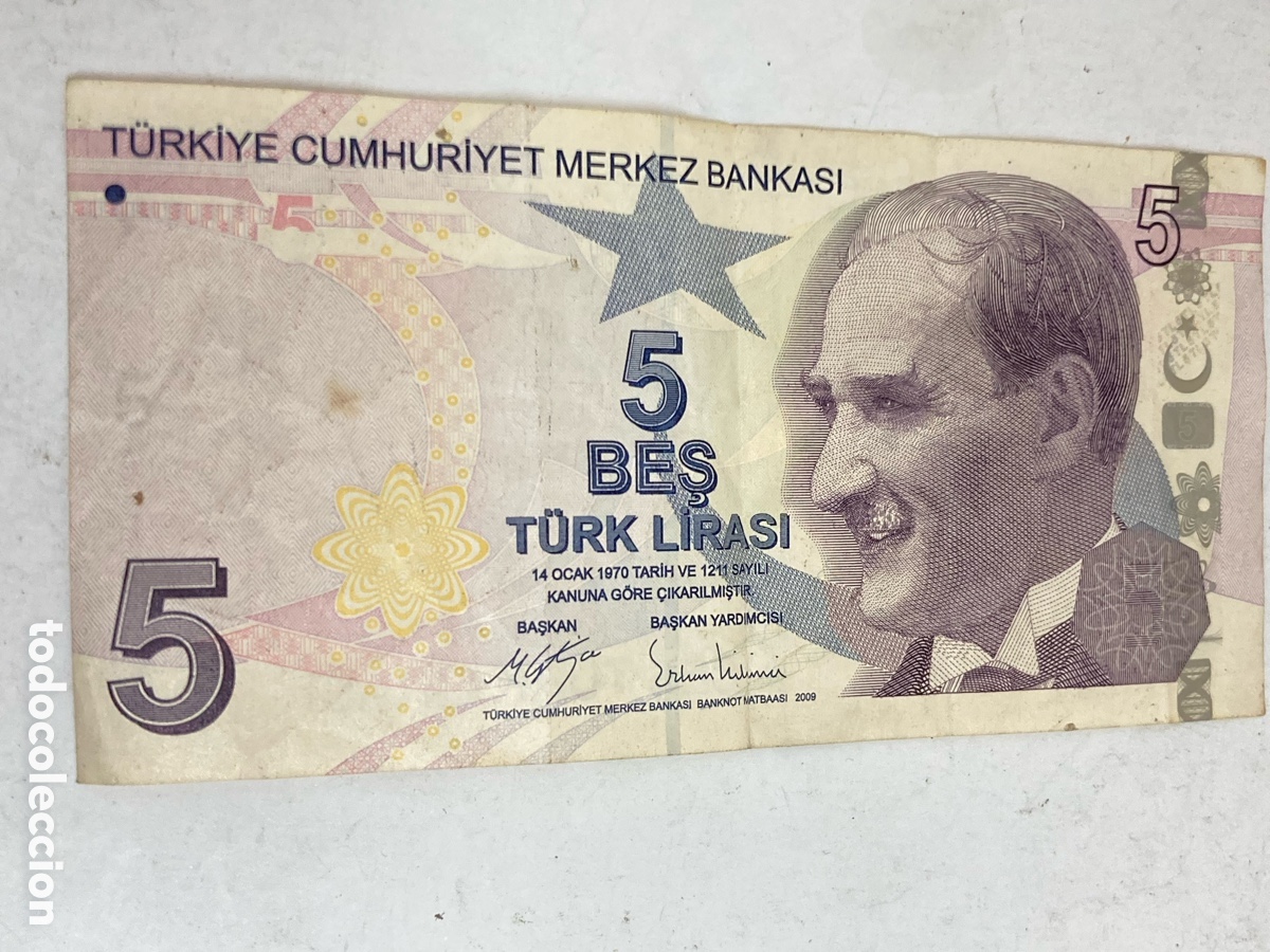 Billetes extranjeros: billete Lira Turca de 5 del a&ntilde;o 2009