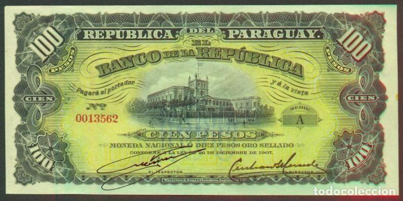 Billetes extranjeros: PARAGUAY. 100 pesos Ley de 26.12. 1907. Pick 159. S/C. Ver descripcion